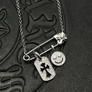 Chrome Hearts Silver Tag Smiley Face Diamond-Inlaid Pin Necklace