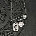 Chrome Hearts Silver Tag Smiley Face Diamond-Inlaid Pin Necklace